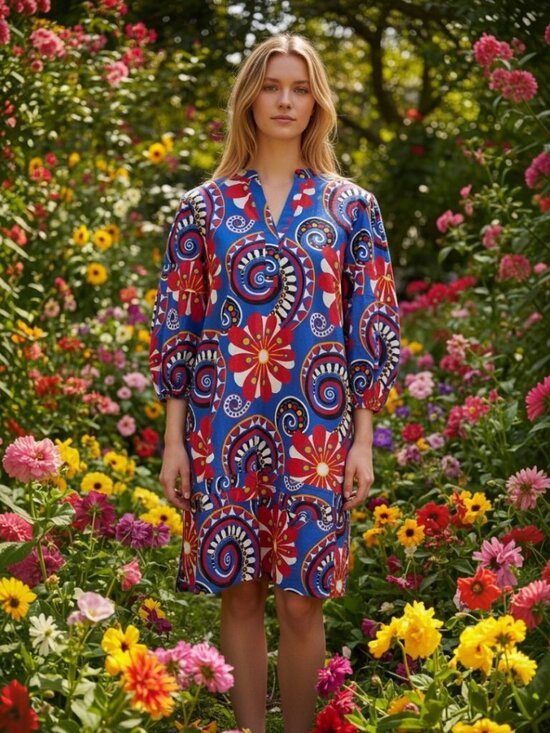 Maude Vivante Dresses & Skirts - Maude Vivante Boho Bold Blue Floral Print Women’s Tunic Dress Size Medium